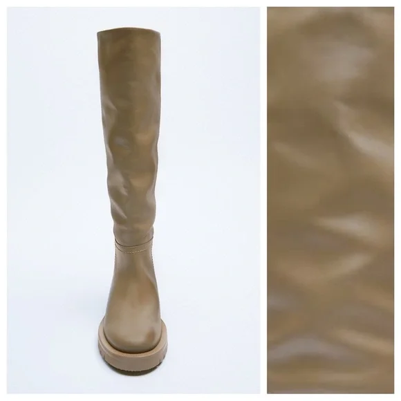 NWT. Zara Sand Brown Leather Low-Heel Knee High Boots with Topstitching. Size 8.